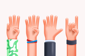 3d Render Hands Gestures 3D cartoon friendly funny style isolated on white background. 3d Vector illustration
