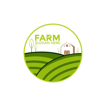 Farm concept logo. Template with farm landscape.