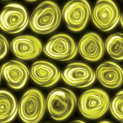 Large squiggly wiggly swirly whirly spiral circles that look hand drawn in a golden yellow seamless tile.