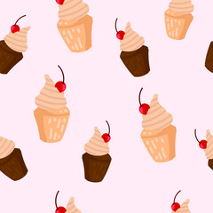 Seamless pattern with cupcakes with cherries.