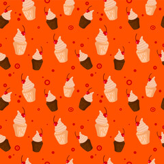 Seamless patter with cupcakes. Sweet pattern on an orange background. Cupcake with cream and cherries.