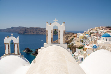Bell tower with view over Oia in Santorini, Greece