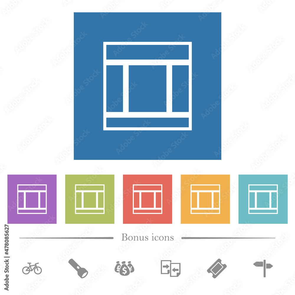 Poster three columned web layout outline flat white icons in square backgrounds