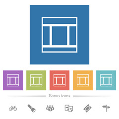 Three columned web layout outline flat white icons in square backgrounds