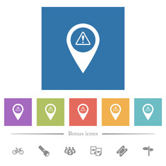 GPS map location warning flat white icons in square backgrounds