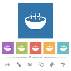 Steaming bowl flat white icons in square backgrounds