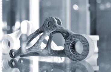 Poster de jardin 3D Gray abstract model object printed on 3d printer from powder close-up. 3D prototype created by 3d printing. Multi Jet Fusion MJF. Concept new modern hi-technology for 3d printing, symbol innovative  © mari1408