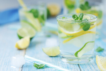 Glasses with lemon and lime lemonade	