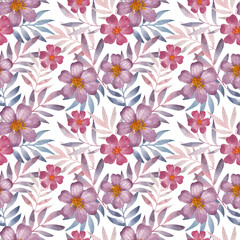 Pink flower. Watercolor background. Seamless pattern on a white background.