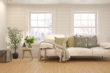 White living room with sofa and winter landscape in window. Scandinavian interior design. 3D illustration