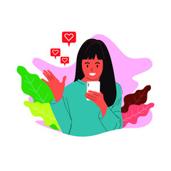 flat illustration of female character, social network user