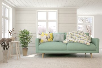 White living room with sofa and winter landscape in window. Scandinavian interior design. 3D illustration