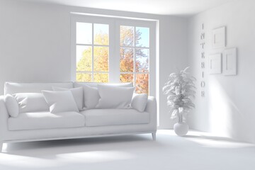 Stylish room in white color with sofa and autumn landscape in window. Scandinavian interior design. 3D illustration