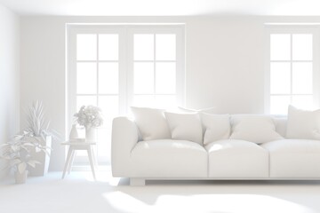 Mock up of minimalist living room in white color with sofa. Scandinavian interior design. 3D illustration