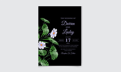 Elegant wedding invitation card template with beautiful flowers and leaves. Editable premium vector template