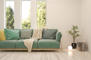 White living room with sofa and summer landscape in window. Scandinavian interior design. 3D illustration