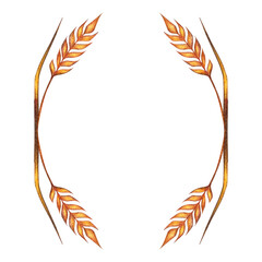 Watercolor ears of wheat frame border illustration isolated on white background. Template for decorating designs and illustrations.