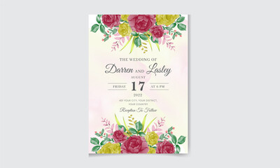 Wedding invitation card set with abstract and pink flower watercolor background. Editable premium vector template