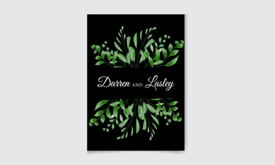Elegant watercolor wedding invitation card with greenery leaves. Editable premium vector template.