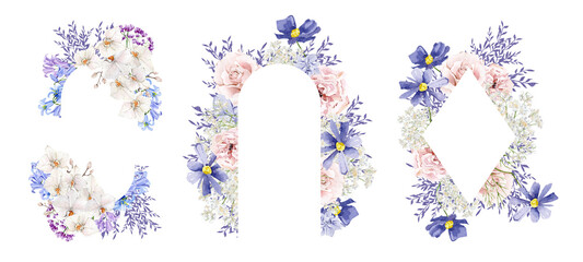 Violet floral frame watercolor illustration wedding card with hand drawn boho flower, orchid, peony, wildflowers. Spring elegant garden flowers in color trendy very peri.