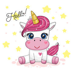 Cute Cartoon Unicorn on a star background. Good for greeting cards, invitations, decoration, Print for Baby Shower etc. - 478087238