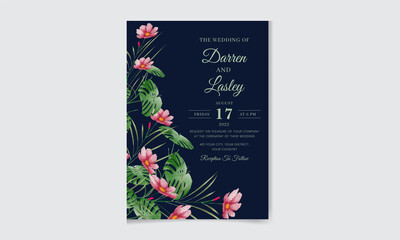 Elegant wedding invitation card template with beautiful flowers and leaves. Editable premium vector template