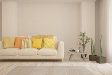 Stylish room in white color with sofa. Scandinavian interior design. 3D illustration