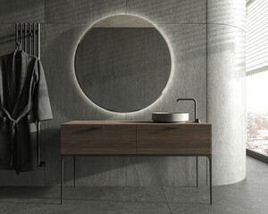 Minimalism modern dark bathroom interior design with round mirror and wood bathtub. Front view. Stone wall and floor tile. 3d render illustration.