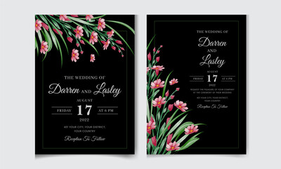 Elegant wedding invitation card set template with beautiful flowers and leaves. Editable premium vector template