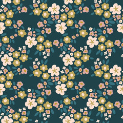 Vector seamless pattern with stylized flowers in trending color.  Stylish background with tiny wild flowers. Floral pattern for fabric, dress, textile, wrapping paper, etc.