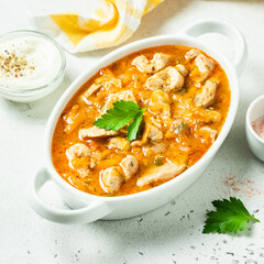 Classic traditional goulash in pot. Top view, copy space.