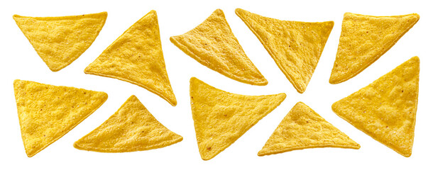 Corn chips, mexican nachos isolated on white background  - obrazy, fototapety, plakaty