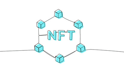 NFT non-fungible token. Blockchain technology in digital crypto art, computer illustration, design. One continuous line drawing. Vector illustration