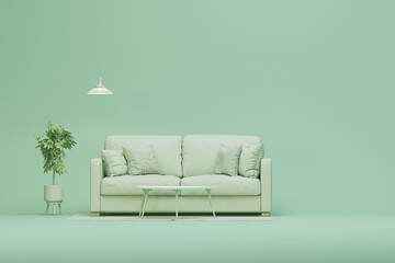 Creative interior design in green studio with plant pot and sofa. Pastel blue and white color background. 3D rendering for web page, presentation or picture frame