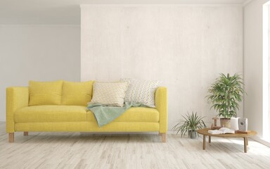 White living room with sofa. Scandinavian interior design. 3D illustration