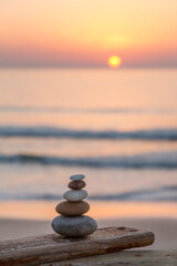Stone Cairn At Seaside Sunset