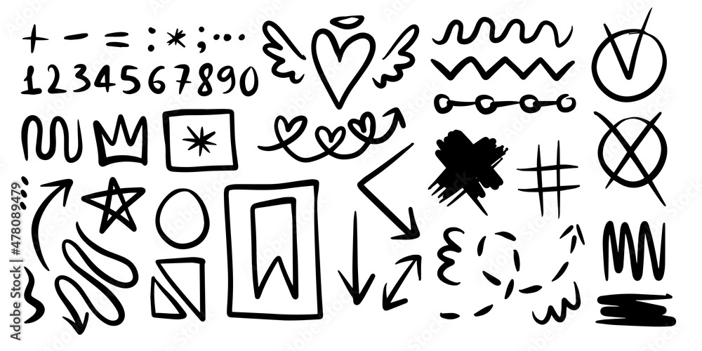 Poster a collection of black doodle lines and abstract random icons on an isolated background.