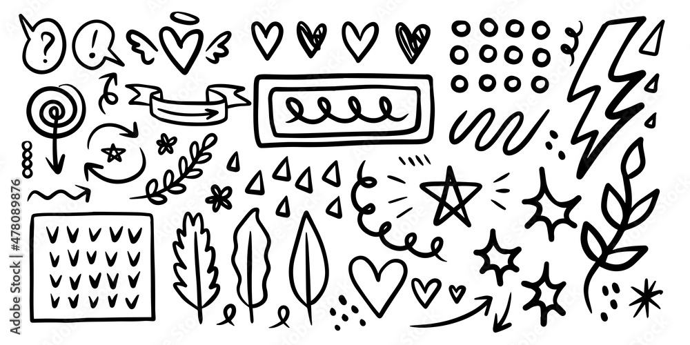 Poster a collection of black doodle lines and abstract random icons on an isolated background.