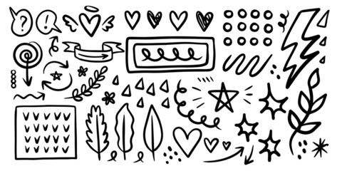 A collection of black doodle lines and abstract random icons on an isolated background.
