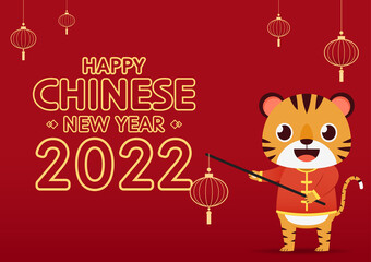 Happy Chinese new year 2022 poster. Happy Chinese new year greeting card 2022 with cute tiger. Tiger character design.