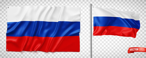 Vector realistic illustration of Russian flags on a transparent background. - 478090079