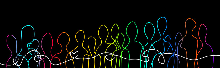 Connect People Concept. Larger Crowd of connected Persons with Continuous line. Colorful Linear Silhouettes 
People Connection and Communication creative Concept 