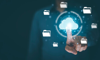 Man touching connect to data information on the Cloud Computing Technology Internet Storage Network...