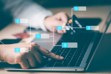 Hand using laptop and Visa card, Blockchain technology business hand working on laptop,Side view...