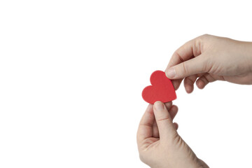 Woman Hand holding red heart isolated on white background, copy space, love,health,relationship romantic concept background