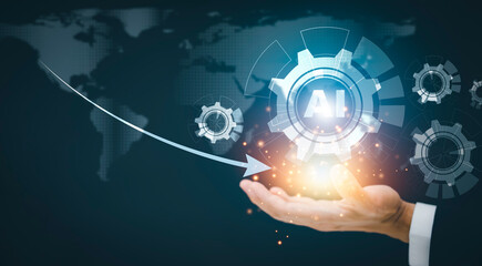 Businessman hold arrow with Artificial Intelligence (AI),on big data network machine learning and data on the dark background, artificial intelligence technology, innovation and futuristic.