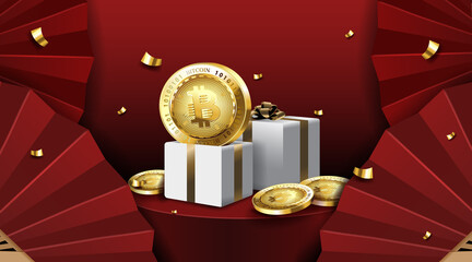 Gift box with bitcoin on red background. Surprise inside open money box with bitcoin. Cryptocurrency symbol.