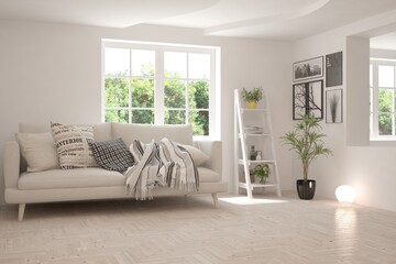 White living room with sofa and summer landscape in window. Scandinavian interior design. 3D illustration