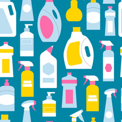 Fototapeta na wymiar Cleaning bottle supplies seamless pattern. Flat chemical detergent packages illustration background. Housework liquid containers - laundry fluid, disinfectant, bleach, toilet spray.