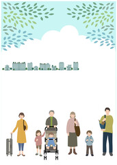 青空と新緑を背景に、ペットを連れた３世代家族の旅行をイメージしたイラスト